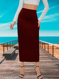 Maroon polyester bodycon midi pencil skirt with elastic waist, women's shapewear style, casual wear (32.5" inches)