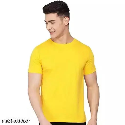 Yellow polyester men's short sleeve t-shirt with round neck, solid design, size S (17in chest, 24.5in length). Comfortable, vibrant, and well-crafted