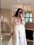 White Georgette & Rayon Plazzo Dupatta Set with Embroidered Top and Fancy Full Sleeves, Indian party wear for women, heavy faux georgette with mirror work