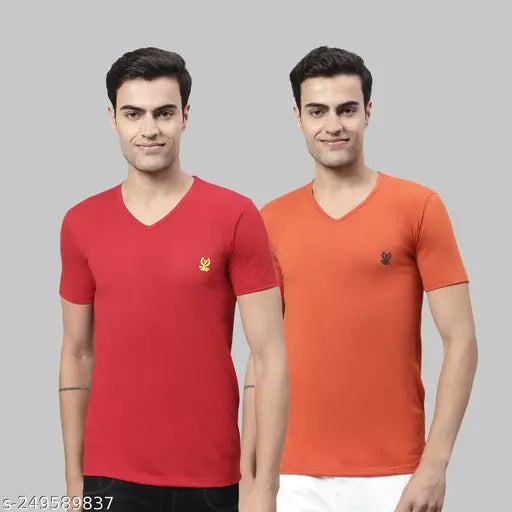 Orange cotton Vimal Jonney v-neck tshirts pack 2, printed pattern on short sleeves