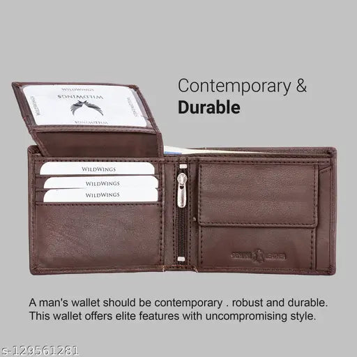 Brown leather men's wallet, solid design, 2 compartments, free size (11cm x 10cm)