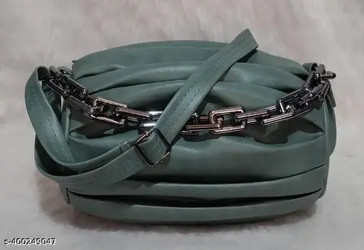 Green canvas & leather sling bag, self-designed for women and girls, 2 compartments, free size (10x3x6in), India origin