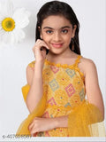 Cotton printed A-line girls Srug Kurta set with dupatta, sleeveless knee-length trousers and matching dupatta - Indian traditional outfit for kids aged 4-14 years