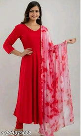 Red rayon Anarkali duptta set: Solid, three-quarter sleeve kurti with dupatta, great for work, party, or festive wear. Handcrafted in India." (124 characters)