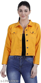 Orange twill denim women's regular jacket, solid design in long sleeves - size M