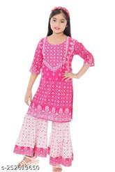 Rayon print kurti and palazzos set, three-quarter sleeve, ethnic wear for girls aged 6-7 years