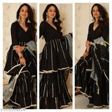 Rayon and chiffon printed kurta sharara set for women, three-quarter sleeves with dupatta and bottomwear, size S, M, L, XL, XXL, XXXL from India