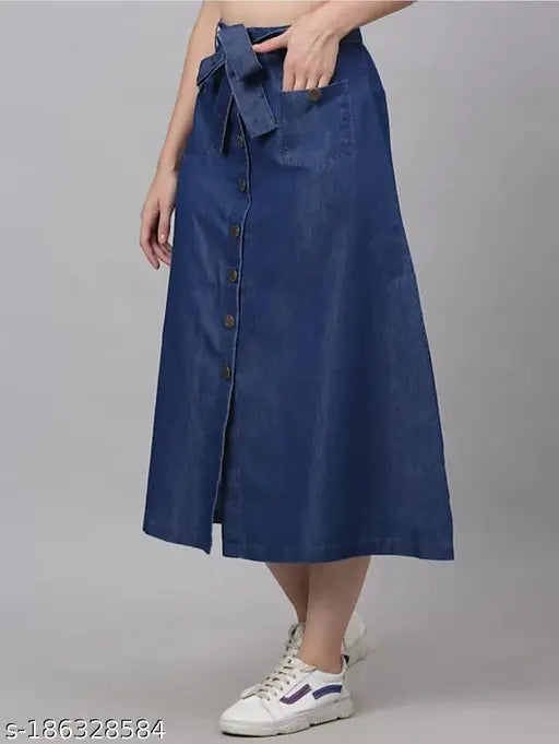 Blue denim Western skirt, stylish jeans skirt with belt and two front pockets, high-quality denim, versatile, trendy, women's fashionable statement, available in plus sizes, made in India