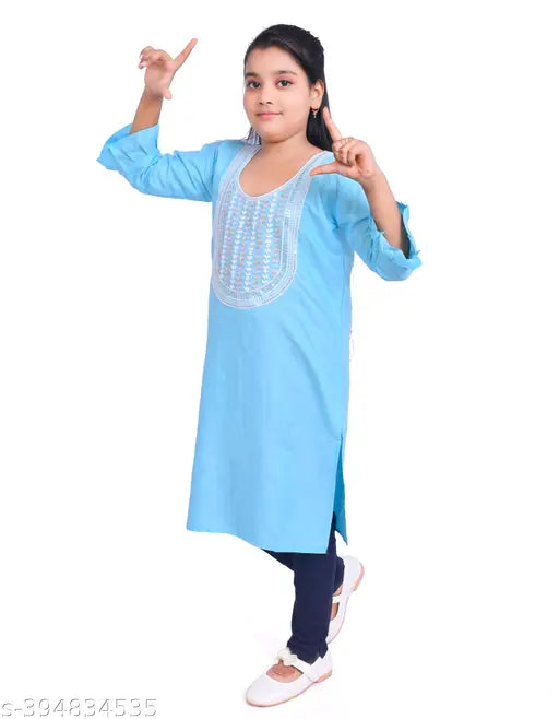 Embroidered rayon three-quarter sleeve kurti for girls, fancy cotton fashion in Indian style