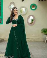 Green Georgette Anarkali Gown, vibrant floral embroidery, long sleeve, size S-XXL