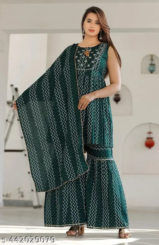 Rayon kriyansh kurtas set with dupatta and bottomwear - sleeveless, printed, stitched net, single quantity, sizes S-XXL, origin India