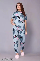 Cotton blend coord set for women: printed top (short sleeves) and pyjama bottoms, India origin