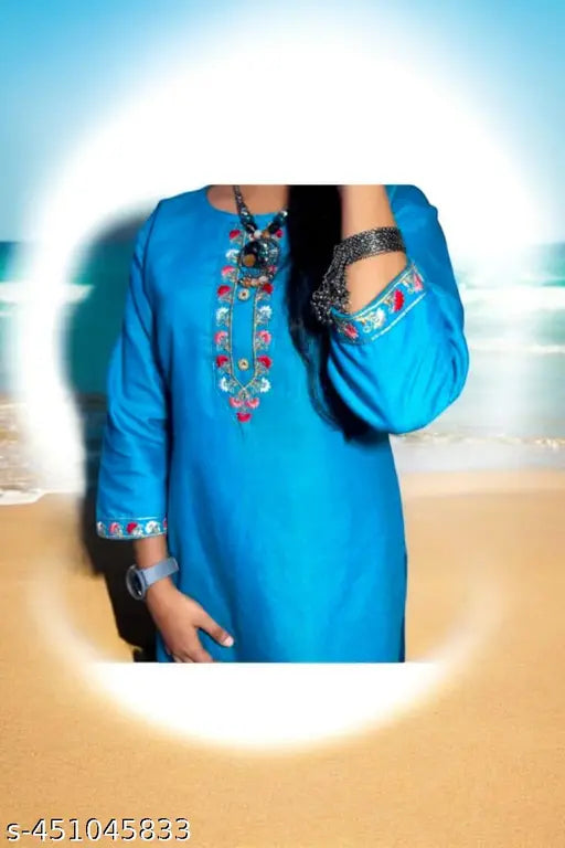 Woolen winter kurti for women, three-quarter sleeve, solid color, embroidered neck & sleeves - Indian handcrafted style