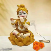 Poly resin Krishna idol, 13 CM tall, sitting on lotus and playing Murli - home decor, car dashboard showpiece