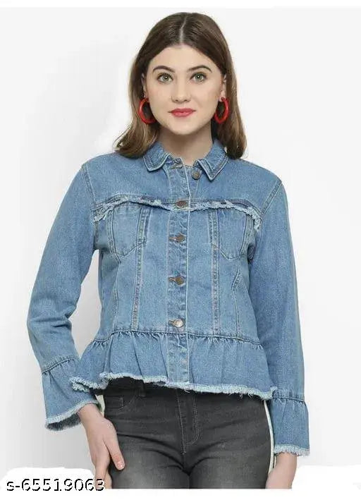 Solid denim women's long sleeve jacket, trendy and fashionable for any size - S (17in bust, 22in length, 16in waist, 16in hip, 14in shoulder), L (19in bust, 22in length, 18in waist, 18in hip, 15in shoulder), XL (20in bust, 22in length, 19in waist, 19in hip, 15in shoulder) - made in India