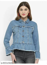 Solid denim women's long sleeve jacket, trendy and fashionable for any size - S (17in bust, 22in length, 16in waist, 16in hip, 14in shoulder), L (19in bust, 22in length, 18in waist, 18in hip, 15in shoulder), XL (20in bust, 22in length, 19in waist, 19in hip, 15in shoulder) - made in India