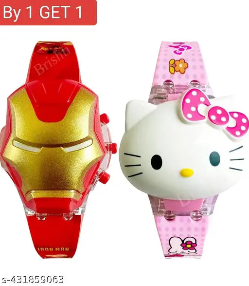Multi-color Iron Man & Kitty disco light and music watches on silicon straps, ideal gift for kids, perfect for casual occasions