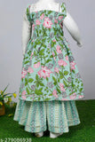 Green Spack Jerrow Printed Cotton Kurti Sharara set for Baby Girls - Indian festival wear with Gota Patti and Dori details on a stylish anarkali kurti and sharara set. Made from Cambric cotton fabric, perfect for Indian festivals like Diwali, Janmashtami, Rakhi