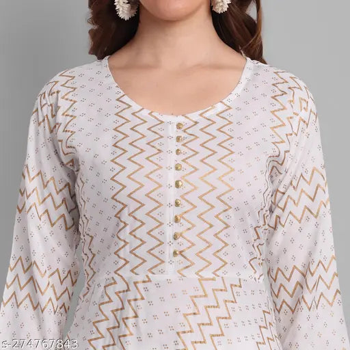 Golden print Shanti Collection Anarkali Kurti with Palazzo Set in Rayon fabric for women and girls, featuring three-quarter sleeves and a stylish design suitable for various occasions