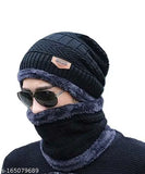 Warm woolen unisex winter accessories: Knit beanie hat, skull cap gloves, neck warmer set. Soft fleece lining, touchscreen-friendly gloves, crisscross basket-woven pattern