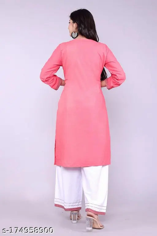 Rayon embroidered kurti set with palazzo pants and dupatta, featuring three-quarter sleeves and chiffon fabric. Indian ethnic wear in sizes S-XXL