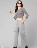 Black and grey cotton blend 4-pocket cargo pants for girls (pack of 2), solid pattern, sizes 26-34, India origin