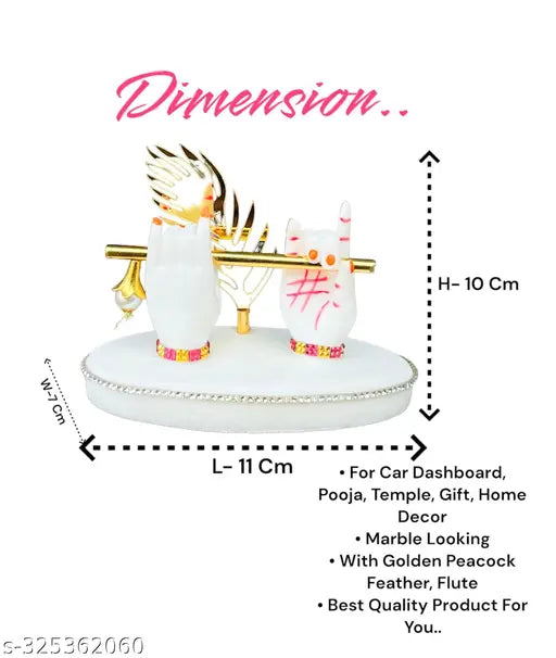 Marble dust white Krishna hand statue with golden peacock feather brass flute, ideal for car dashboard, home decor, or gift (4 inch)