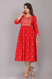 Rayon embroidered party kurti with three-quarter sleeves, printed combo. S, M, L, XXL sizes available. Indian design