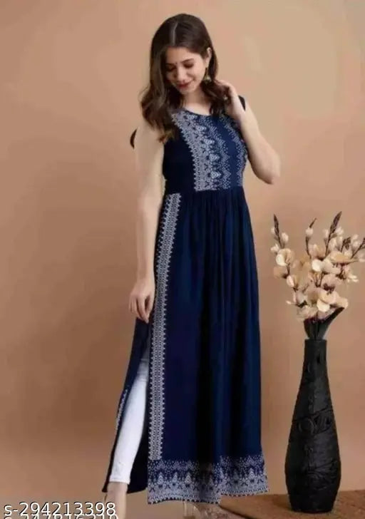 Rayon printed blue straight Nayra cut kurta for women-girls, three-quarter sleeves, Indian ethnic fashion for XS to XXL sizes