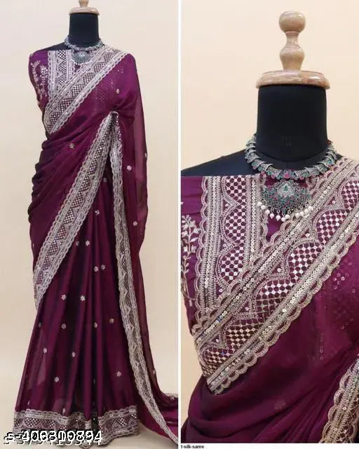 Georgette Sequin Work Saree, Indian Silk Blend Embroidered Design, Free Size