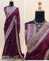 Georgette Sequin Work Saree, Indian Silk Blend Embroidered Design, Free Size