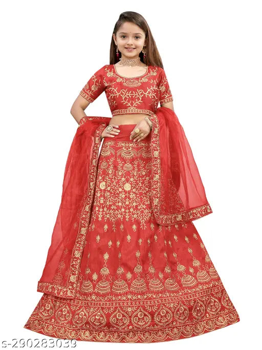 Red Banglory velvet & silk blend semi-stitched Lehenga Choli for girls (age 3-12 years), embroidered with net and lace, festival wear