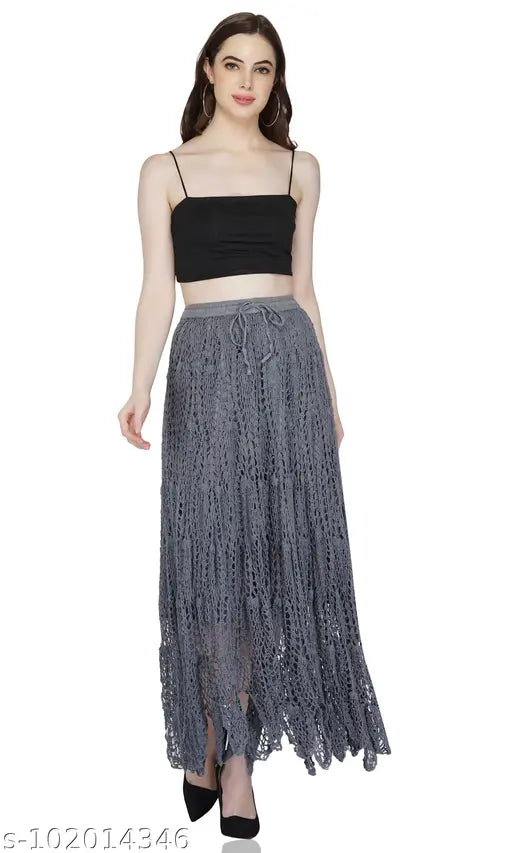 Acrylic grey long skirt for women, size varies between XS to XXXL, solid pattern, made in India