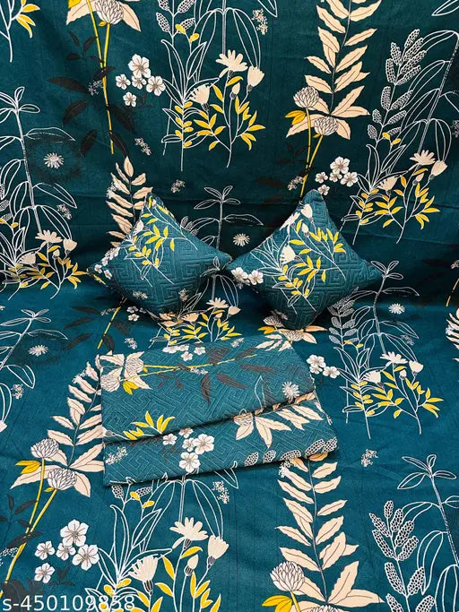 Green cotton flat sheets set, 5-piece botanical print, stain resistant, breathable, perfect for summer adult bedding