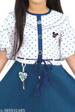 Blue cotton blend printed net frock for girls, short sleeves, 4-5 years size