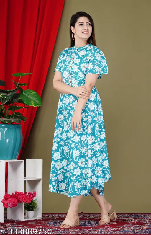 Rayon printed Anarkali kurtis for women, short sleeves, Sanganeri style - Shree Ganesh Fashion