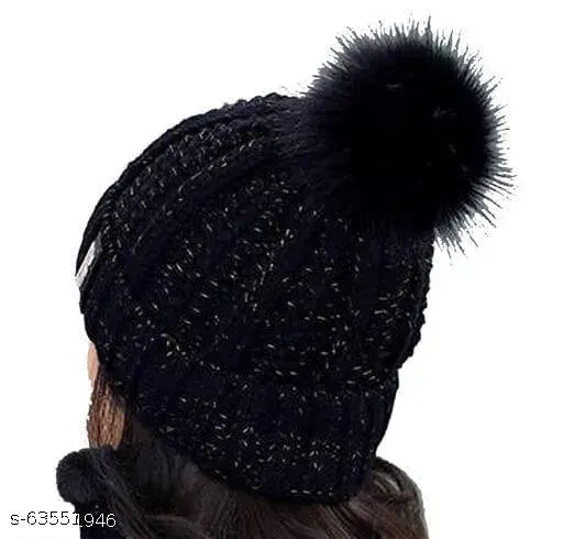 Black winter set: Snow-proof ball cap with fur-lined beanie & scarf, women's warm woolen accessories for cold weather