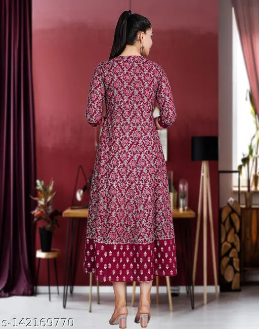 Red wine-dyed printed rayon Anarkali long kurta with sequin work, stylish flared design for women's partywear