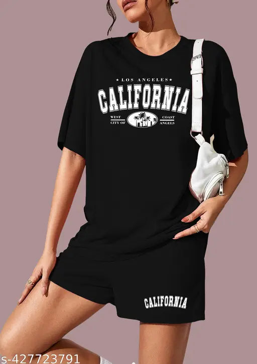 Black cotton printed women's night suit set with top & shorts, high-quality Indian craftsmanship, half sleeve t-shirt and short design, stylish sleepwear in versatile prints