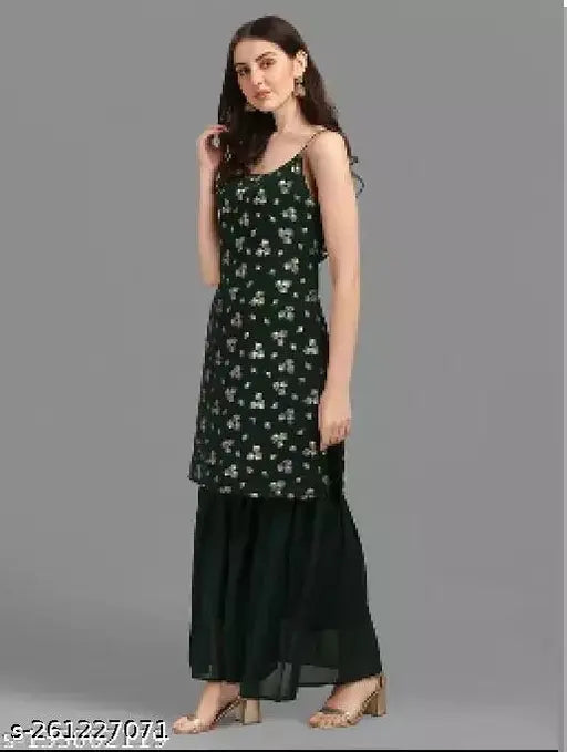 Women's sleeveless kurta with foil work sharara set, printed pattern on vibrant Indian outfit