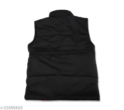 Sleeveless, quilted nylon hoodie for boys in woolen reversible print, zipper closure, India origin
