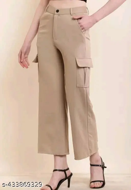 Trendy cotton-blend cargo pants for women, solid color with four pockets