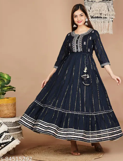 Blue cotton blend embroidered Anarkali Kurta with gotta lace border by PAAWNI, suitable for functions and weddings