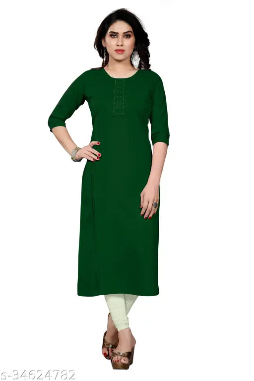 Green embroidered rayon slub A-line kurti for women, three-quarter sleeves with Indian design