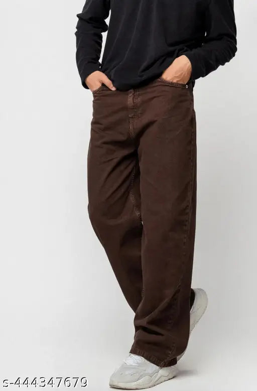 Mens oversized brown denim baggy ZZ, loose fit casual jeans for men, solid pattern, size 28 with waist 29in, length 40in, hip 35in
