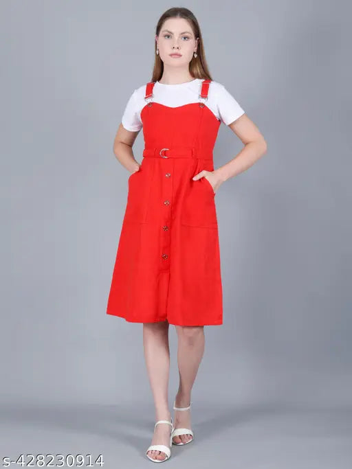 Red striped cotton dungaree dress with belt, ideal for beach travel & casual wear