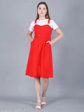 Red striped cotton dungaree dress with belt, ideal for beach travel & casual wear