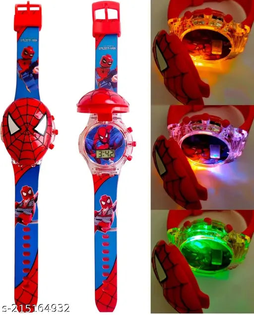 Multicolor LED digital kid's watch with spider men design, glows in the dark & plays music tunes, for kids aged 3-9 years