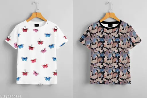 Polycotton Celebi Women's & Girls Combo T-Shirt Collection, perfect for regular fit & oversized styles. Short sleeves, printed net design. Available in sizes S, M, L, XL. Made in India