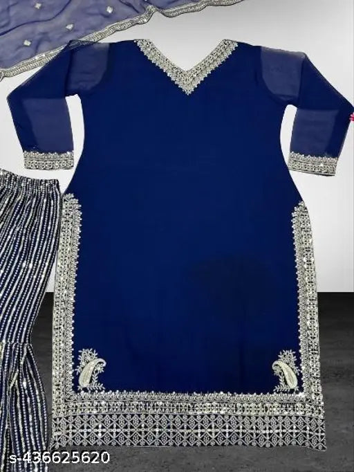 Blue Georgette Embroidered Kurta Set with Dupatta & Bottomwear, single piece from India